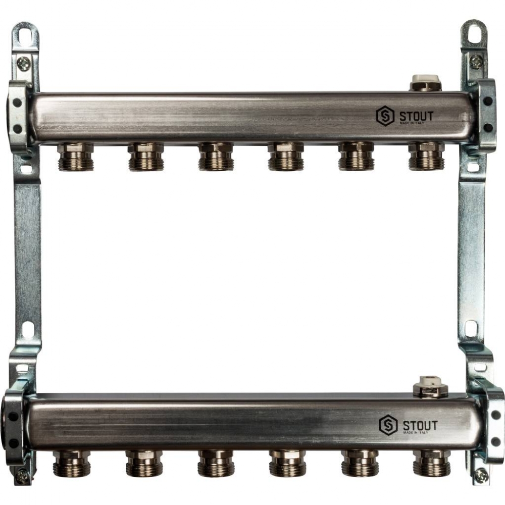 Коллектор из нержавеющей стали ASI 304L для радиаторного отопления на 6 выходов STOUT